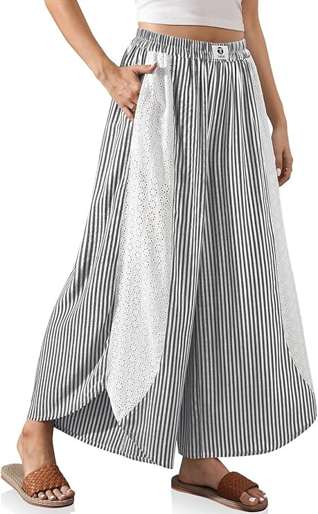 TARSE Womens Wide Leg Striped Boho Palazzo Pants with Lace Panel Summer Loose Elastic Waist Beach... | Amazon (US)