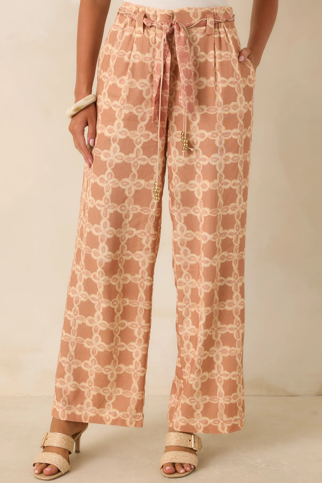 Write Me Back Tan & Ivory Printed Wide Leg Pants | Red Dress