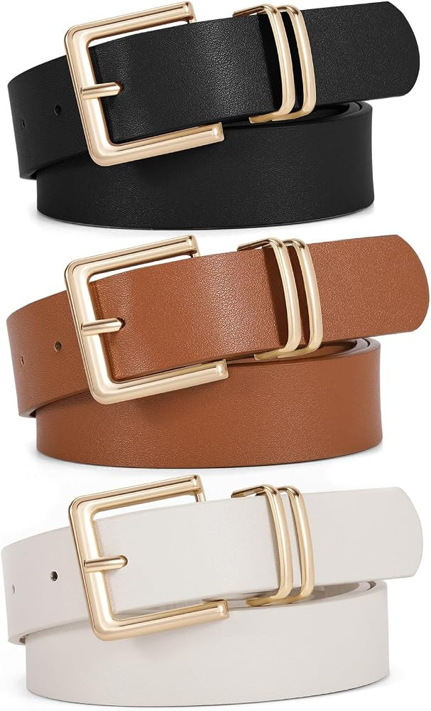 SANSTHS 3 PACK Women Leather Belts for Jeans Pants Dresses Fashion Ladies Waist Belt with Gold Sq... | Amazon (US)