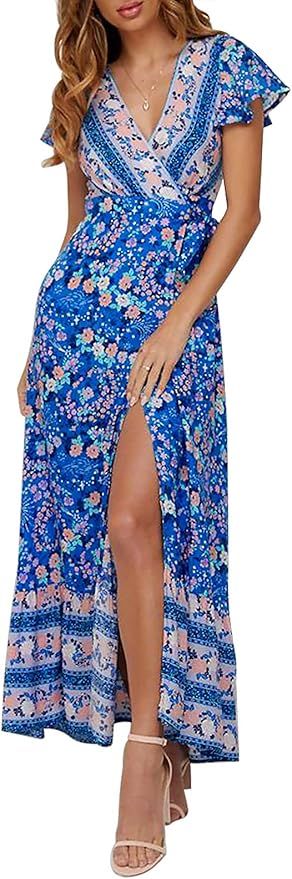 ZESICA Women's Bohemian Floral Printed Wrap V Neck Short Sleeve Split Beach Party Maxi Dress | Amazon (US)