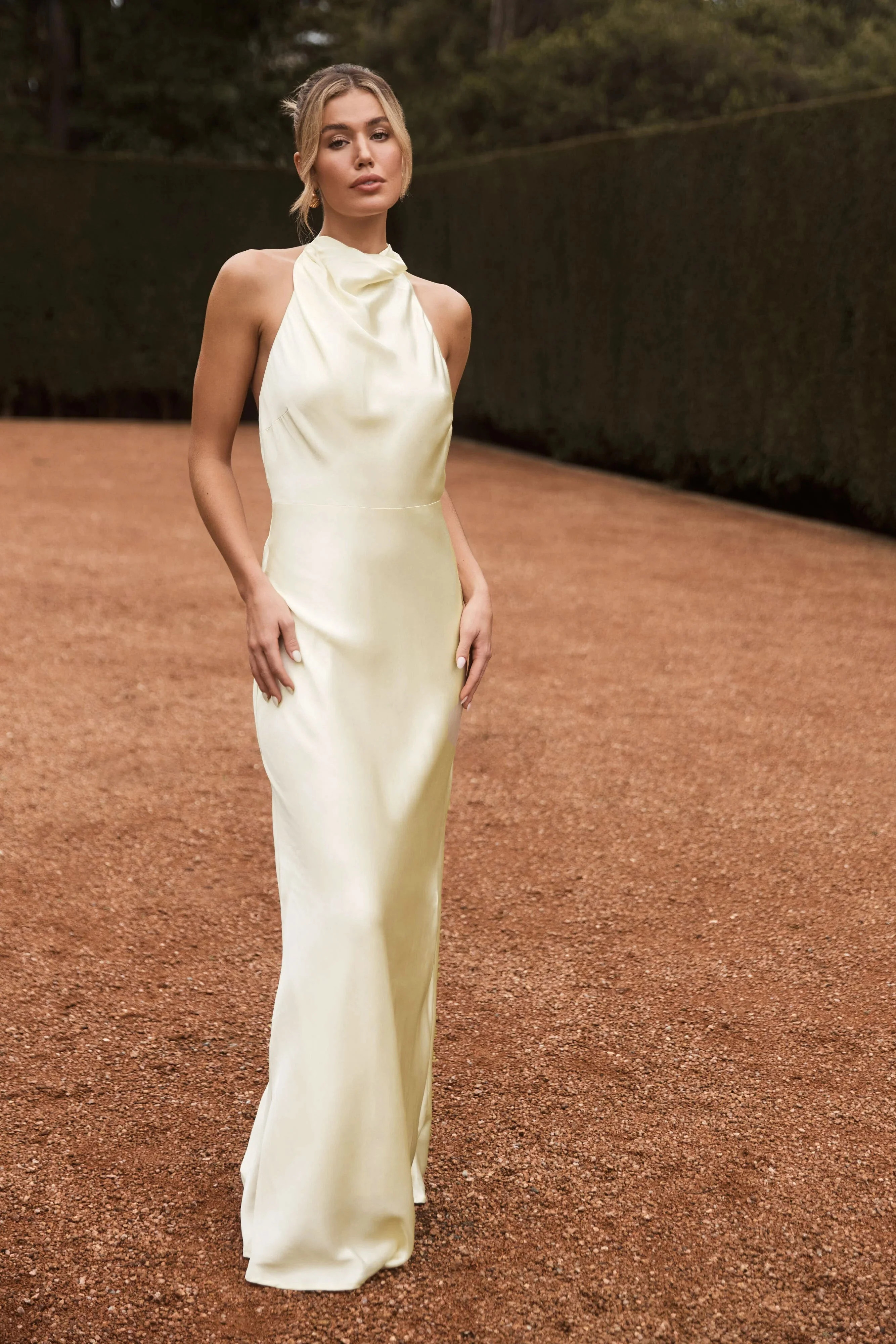Esther Iridescent Satin Cowl Maxi Dress - Lemon Sorbet | MESHKI US