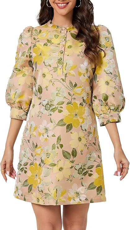 Ladyful Women's Floral Jacquard Shift Dress 2025 Long Puff Sleeve Button Up Elegant Cocktail Part... | Amazon (US)