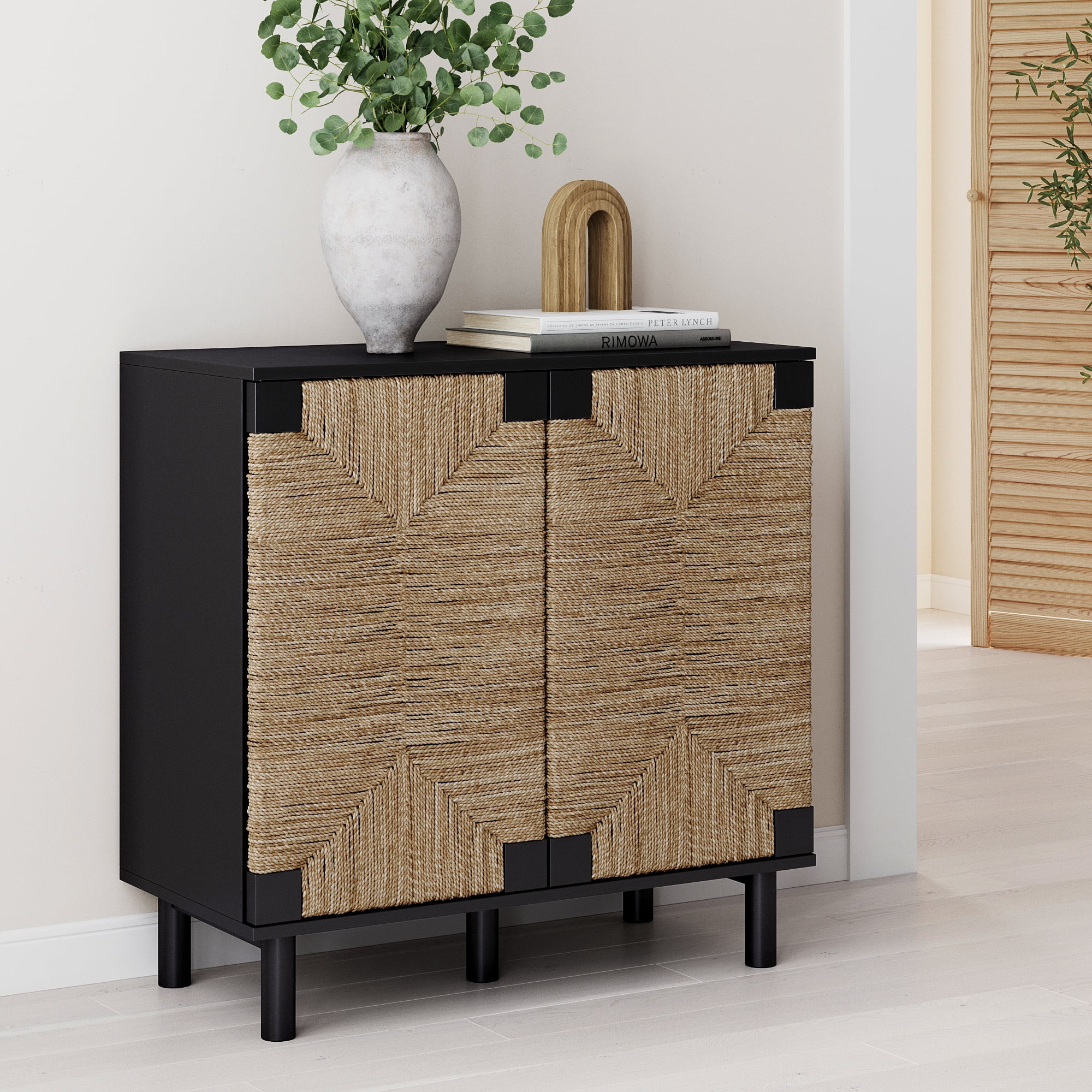 Nathan James Beacon Matte Black Wood Accent Cabinet with Seagrass Doors and Adjustable Shelf, Bla... | Walmart (US)