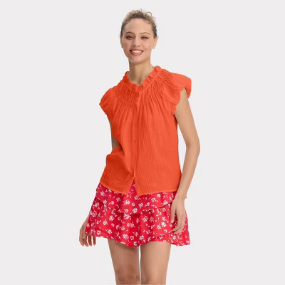 Women's Smocked Puff Short Sleeve Button-Front Blouse - Universal Thread™ | Target