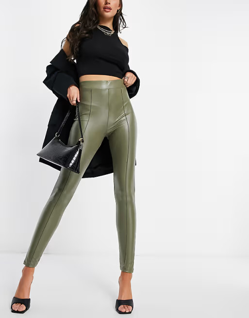 ASOS DESIGN leather look legging with pintuck in olive | ASOS (Global)