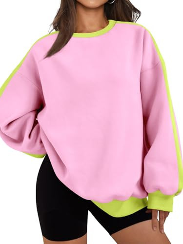 PINKMSTYLE Crewneck Sweatshirts Women Color Block Long Sleeve T Shirts Loose Cozy Soft Pullover Winter Y2k Clothes Teen Girls Pink Small | Amazon (US)