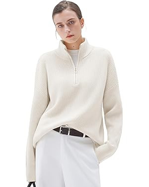 SUUKSESS Women Cashmere Oversized Quarter Zip Pullover Sweater Long Sleeve Collared Ribbed Knit J... | Amazon (US)