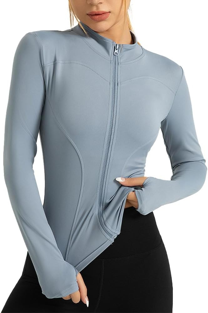 Women's Full Zip Workout Jacket Lightweight Athletic Jackets Cropped Slim Fit Yoga Tops with Thum... | Amazon (US)
