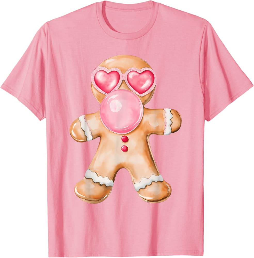Gingerbread Blowing Bubble Gum Pink Sunglasses Christmas T-Shirt | Amazon (US)