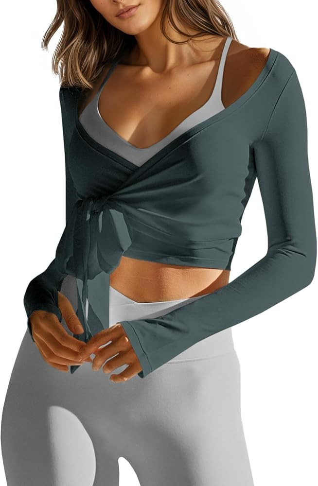 Fisoew Womens Wrap Tie Tops Long Sleeve Workout Crop Wrap Shirts Casual Lightweight Ballet Pilate... | Amazon (US)