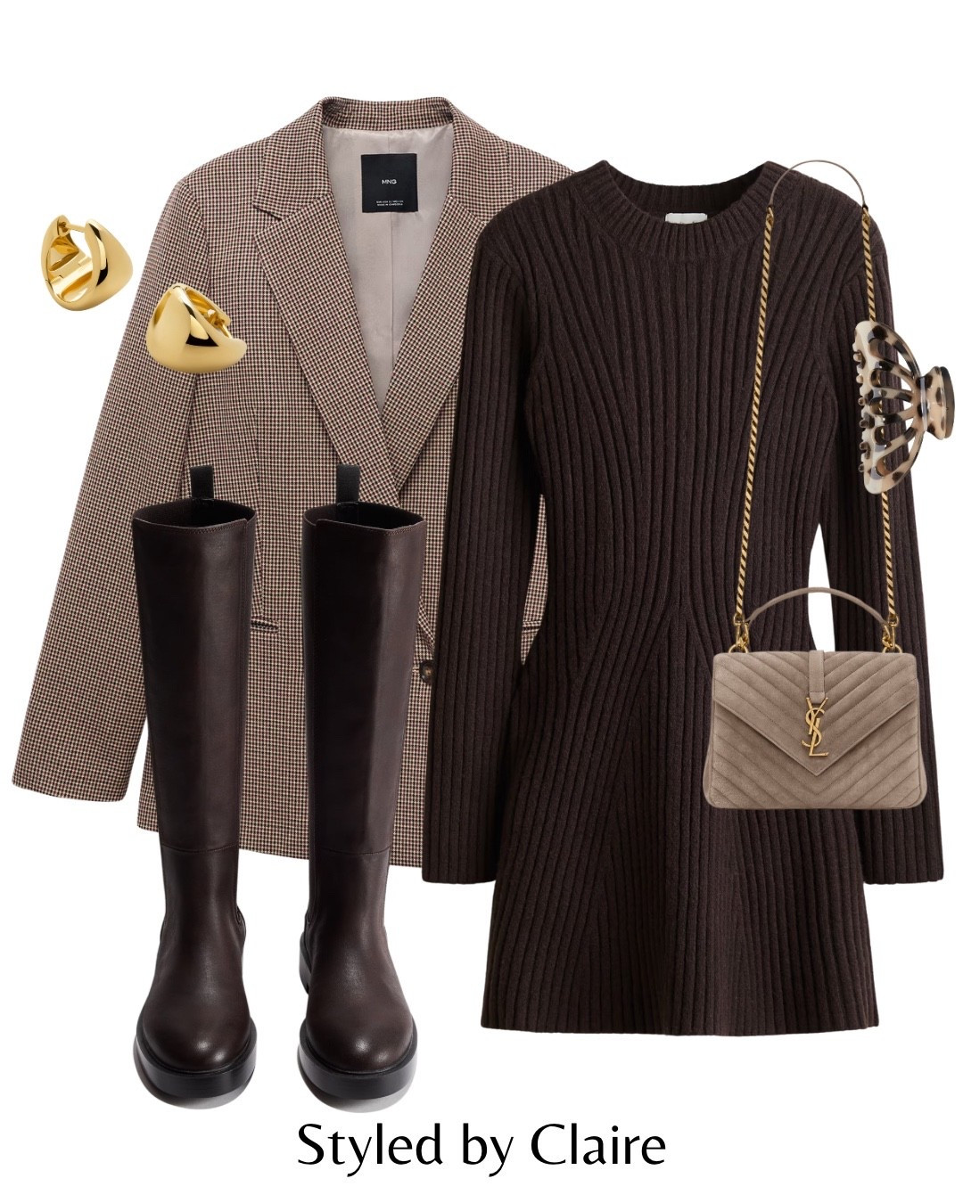 Dark Chocolate & Taupe🤎
Tags: checked oversized blazer dogtooth mango H&M knit knitted dress mini sculpted brown knee high boots ysl bag fashion autumn transitional layer inspo outfit ideas chic women’s style city break girl capsule wardrobe coat office wear work 

#LTKstyletip #LTKshoes #LTKbag