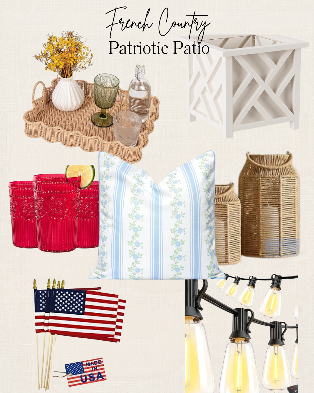 Decorating a French Country or French Mediterranean home for the 4th of July can feel a little different than styling a traditional American or Colonial home. While I love patriotic decor, I tend to gravitate toward a more subtle approach that complements the architecture and overall aesthetic of the home.

Instead of bold Americana, I look for pieces that naturally incorporate red, white, and blue through classic stripes, blue-and-white textiles, weathered wood, woven textures, lanterns, and fresh flowers. The goal is to create a space that feels elegant, collected, and festive without overwhelming the timeless character of the home.

These patio finds are perfect for adding a touch of patriotic charm while still maintaining that relaxed French Country and Mediterranean-inspired look I love. Beautiful enough for the holiday weekend and versatile enough to enjoy all summer long.

Shop my favorite outdoor finds below! ❤️🤍💙

#LTKHome #FrenchCountryStyle #FrenchMediterranean #PatioDecor #OutdoorLiving #FourthOfJulyDecor #SummerEntertaining #LakeHouseStyle #EuropeanInspiredHome #FrenchCountryDecor 

 #LTKSeasonal #LTKOver40 #LTKHome