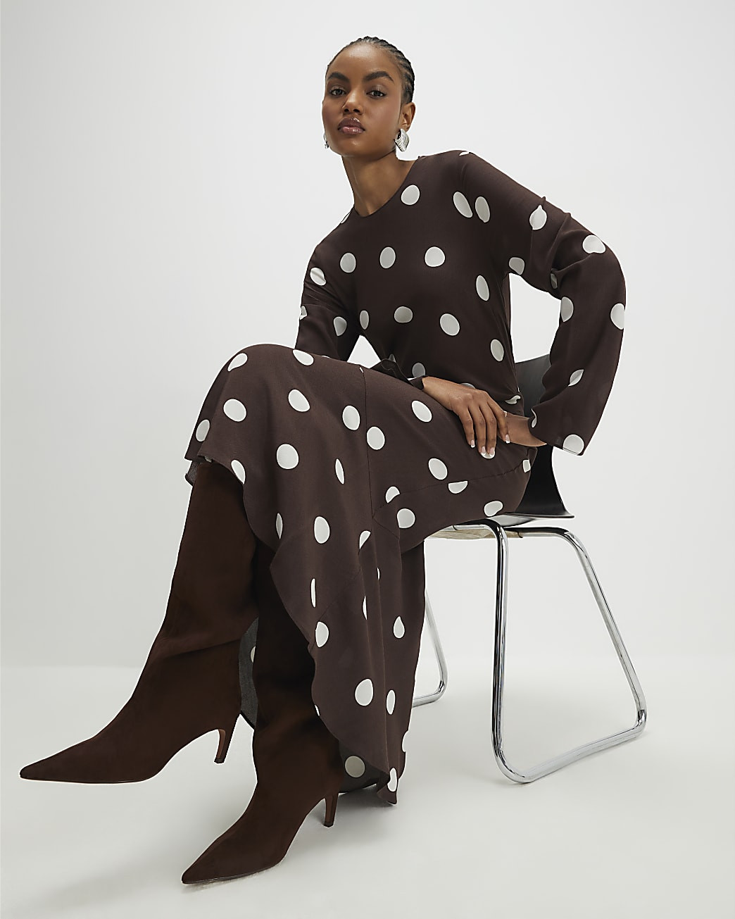 Brown Long Sleeve Spot Print Midi Dress | River Island UK & IE
