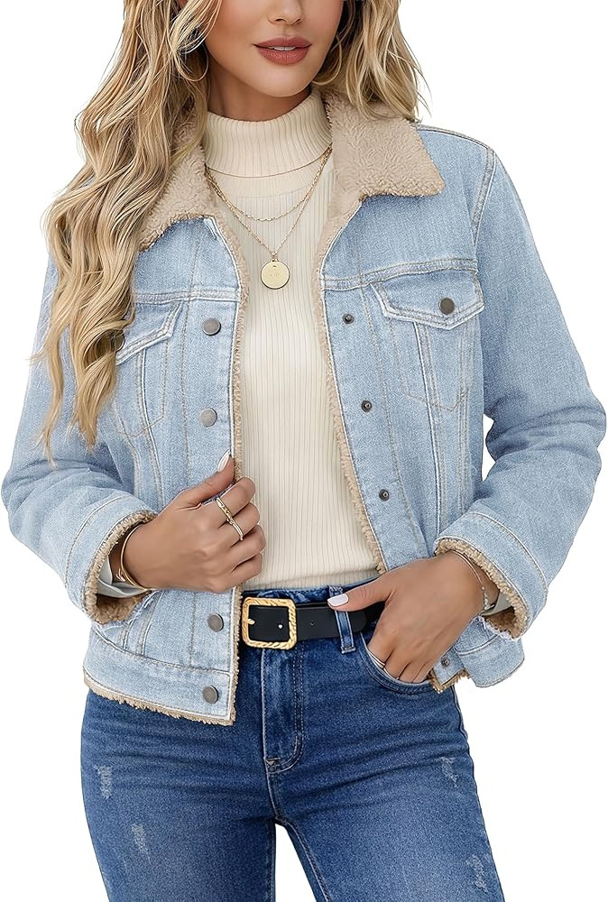 YUCOLEN Women's Denim Jacket Sherpa Lined Fleece Jean Coat Fur Collared Warm Button Down Trucker ... | Amazon (US)