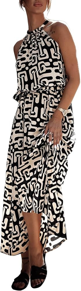 miduo Womens Casual Summer Halter Neck Sleeveless Bohemian Geometric Pattern Flowy A Line Maxi Lo... | Amazon (US)