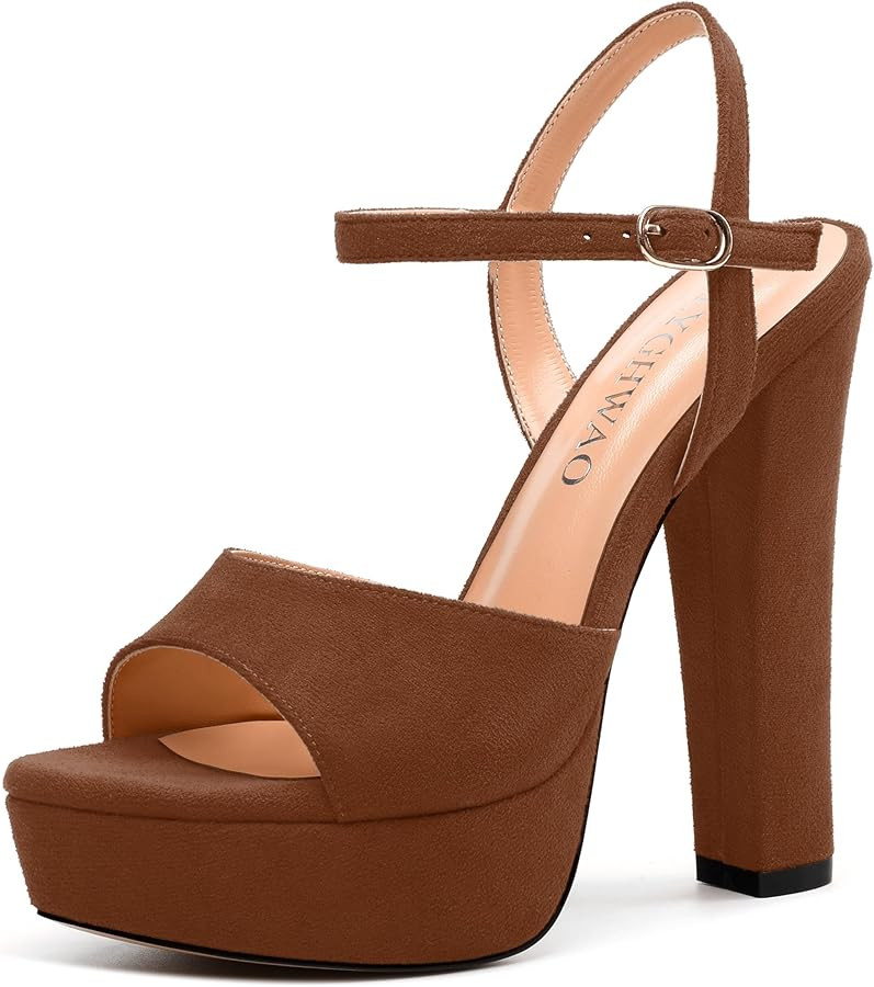 Women's Heeled Sandals, Buckle Ankle Strap Platform High Heels, Round Open Toe Fashion Suede Wedd... | Amazon (US)