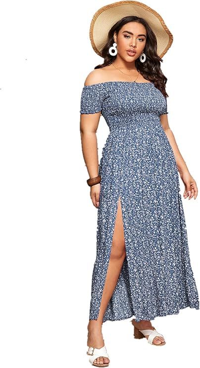 Floerns Women's Boho Floral Print Off Shoulder Split Long A Line Dress | Amazon (US)