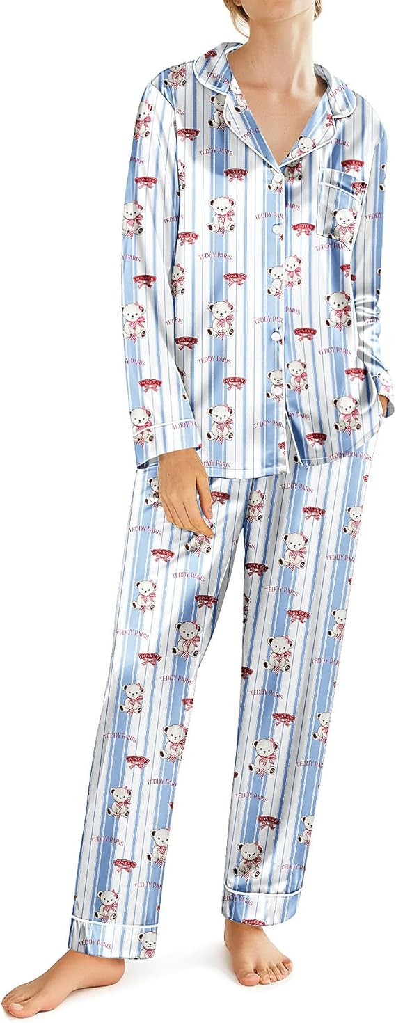 Ekouaer Silk Satin Pajamas for Women Teddy Bear Pjs Set Button Down Long Sleeve Loungewear Cute S... | Amazon (US)