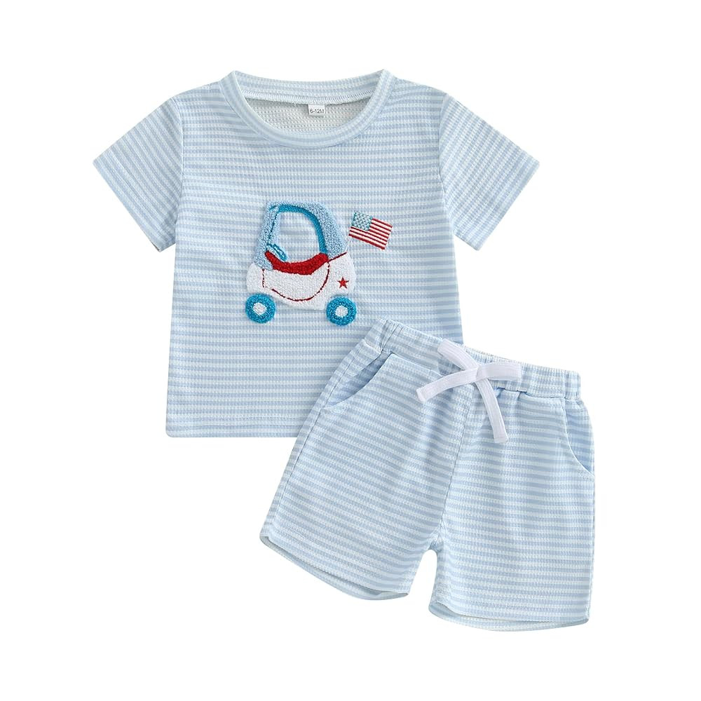 Toddler Baby Boy 4th of July Outfit Stars Stripes Cart Embroidery Short Sleeve T Shirt Shorts Set... | Amazon (US)