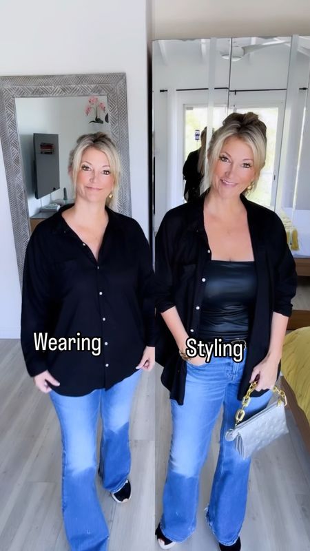 Layering with a third piece is an effective tool for hiding a tummy. The vertical line created from adding a layer gives the appearance of a longer, more lean silhouette as it distracts the eyes up and down and away from the mid section. 

I am wearing a medium in this top. It is a large fit, size down if you are looking for a more structured fit. 

#LTKstyletip #LTKsalealert #LTKover40
