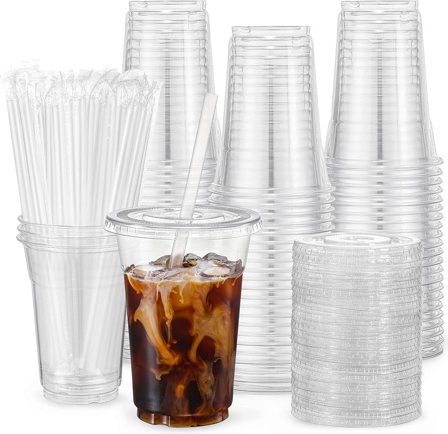 VITEVER [100 Sets - 16oz] Plastic Cups with Lids and Straws, Disposable Cups for Iced Coffee, Smo... | Amazon (US)