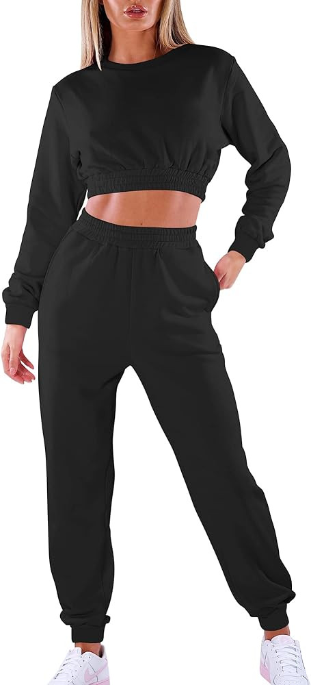 Mokoru Women's Workout 2 Piece Outfits Tracksuit Long Sleeve Crop Tops Joggers Pants Sets Sweatsuits | Amazon (US)