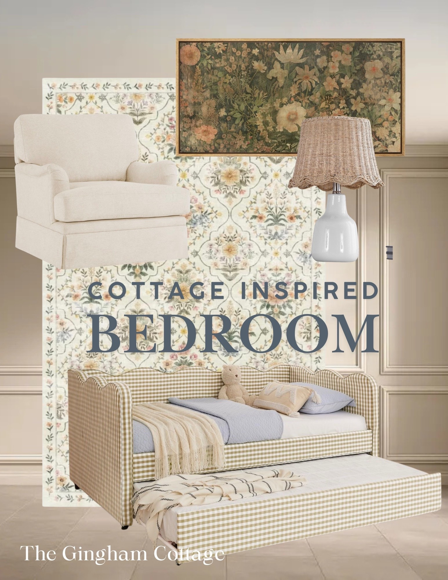 This new rug from Target is vintage-inspired, cozy, and paired with gingham- basically a cottagecore dream. 
🎀
Cottage decor, Cottage bedroom, Gingham, area rug, girls bedroom 

#LTKHome