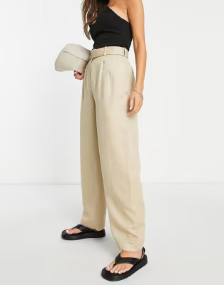 & Other Stories tailored belted straight leg trousers in beige | ASOS (Global)