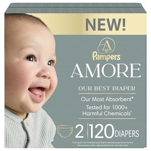 Pampers Amore, Size 2 (10-22 lbs), 120 Count, Our Best Diaper – Hypoallergenic & Fragrance Free, Up to 100% Leakproof, Soft as Cashmere | Amazon (US)