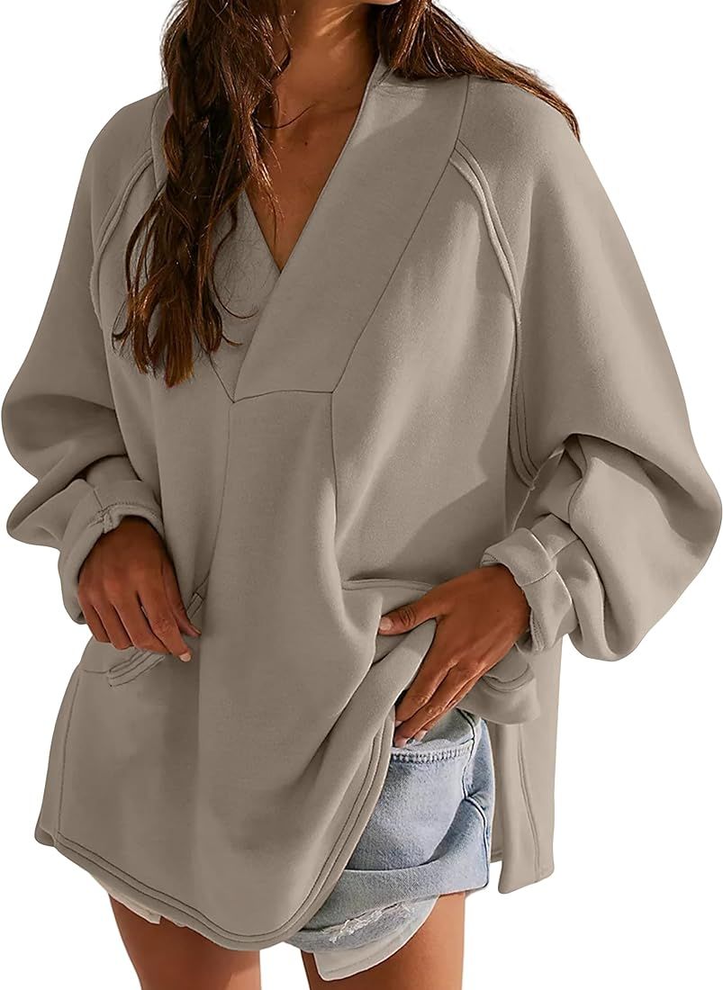 Women's Oversized Sweatshirts Dress Casual V Neck Long Sleeve Side Split Hem Fleece Pullover Tops... | Amazon (US)