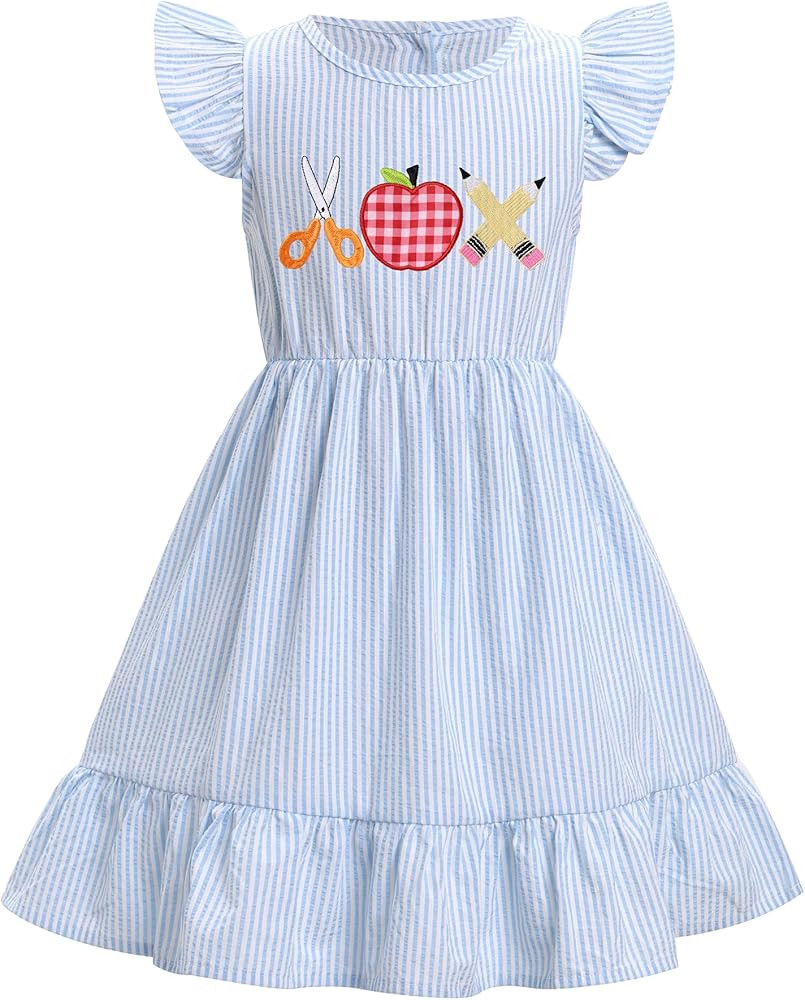 IMEKIS Toddler Kids Girls Back to School Dress Ruffle Sleeve Plaid Embroidered Kindergarten Outfi... | Amazon (US)