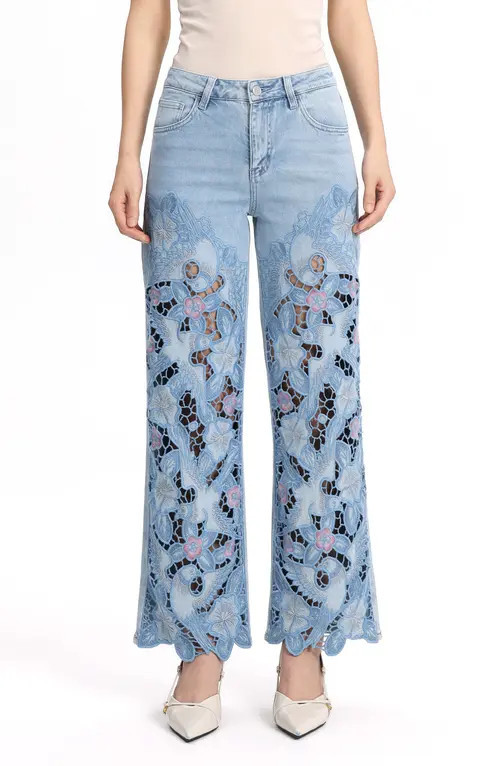Bayeas Embroidered Straight Leg Jeans in Light Blue at Nordstrom, Size 25 | Nordstrom