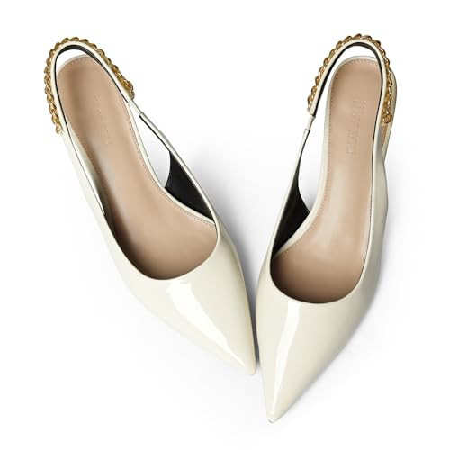 iiimmu Women's Pumps 2 in Kitten Heels Closed Pointed Toe Slingback Heels for Women Dress Shoes with Chain Wedding Party Office Prom Patent Leather Pumps, White, Size 8.5 | Amazon (US)