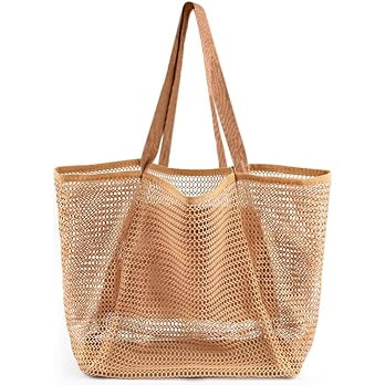 Beach Bags for Women, Summer Travel Mesh Tote Bag with Large Inner Pocket, Sandproof Woven Should... | Amazon (US)