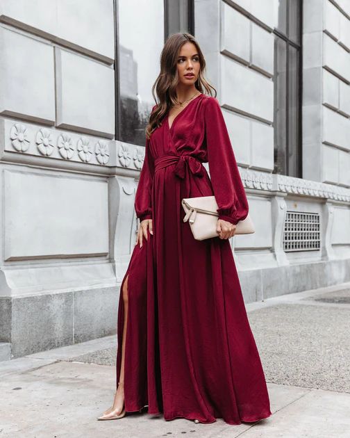 Belinda Satin Side Slit Maxi Dress - Burgundy | VICI Collection