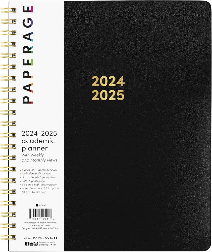 PAPERAGE 17 Month Academic Planner 2024-2025, Weekly & Monthly Spreads, August 2024 - December 2025, Large (9 in x 11 in), Black | Amazon (US)