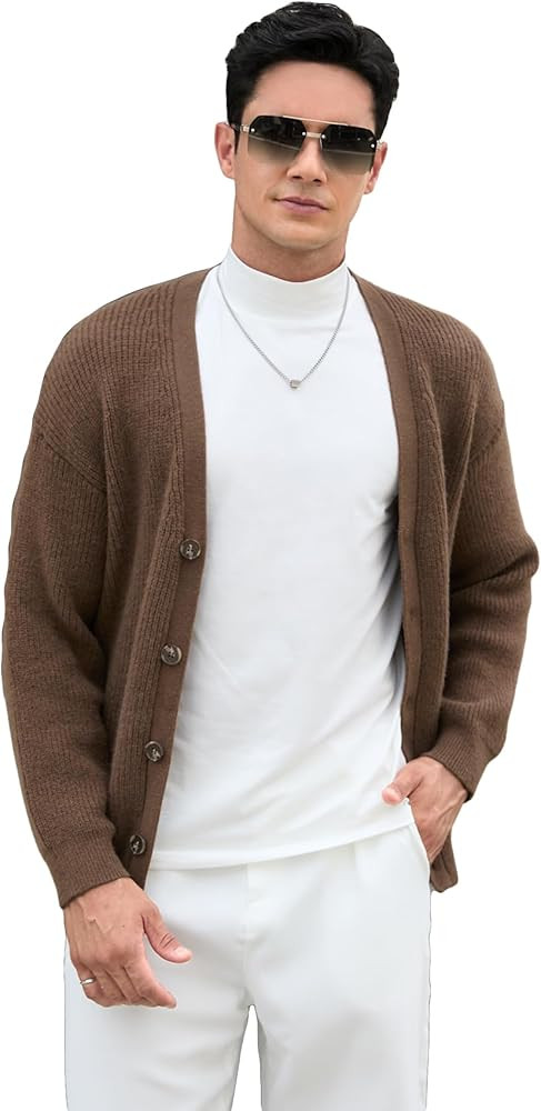Floerns Men's Casual Long Sleeve Button Front V Neck Rib Knit Cardigan Sweater | Amazon (US)