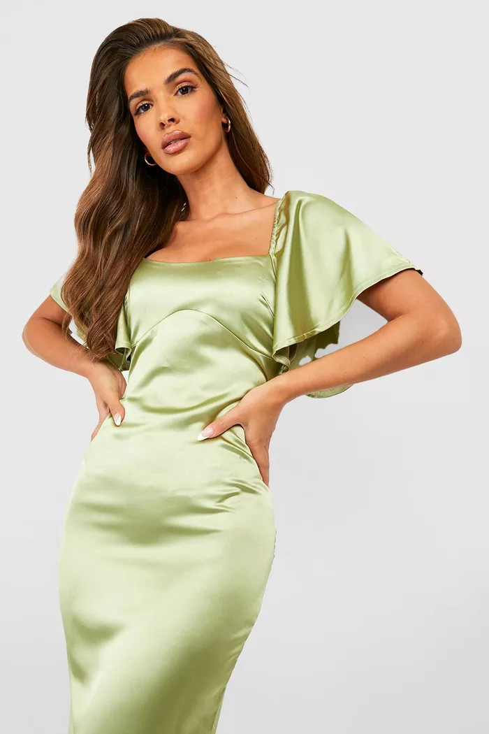 Bridesmaid Satin Angel Sleeve Maxi Dress | Boohoo.com (US & CA)