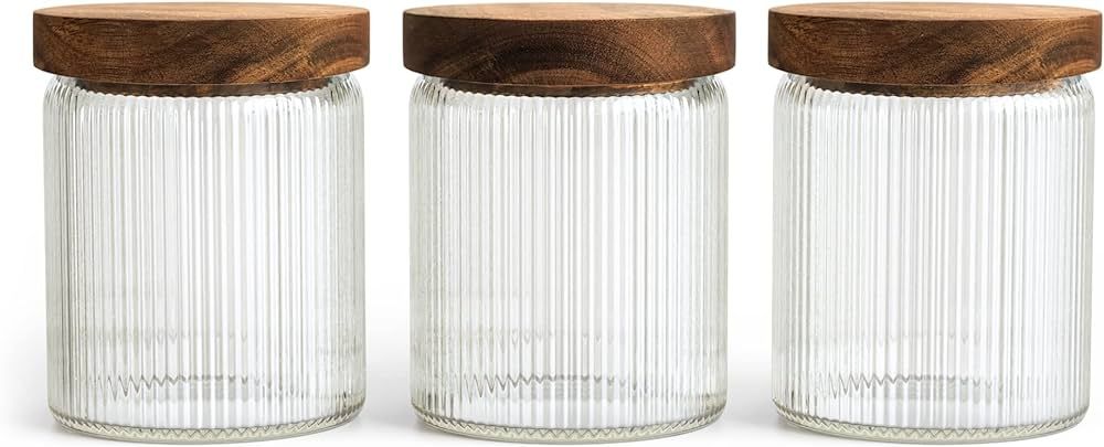 Mason & Fable Ribbed Glass Jar with Wooden Lid Set of 3-16.9oz | Airtight Fluted Glass Storage Co... | Amazon (US)