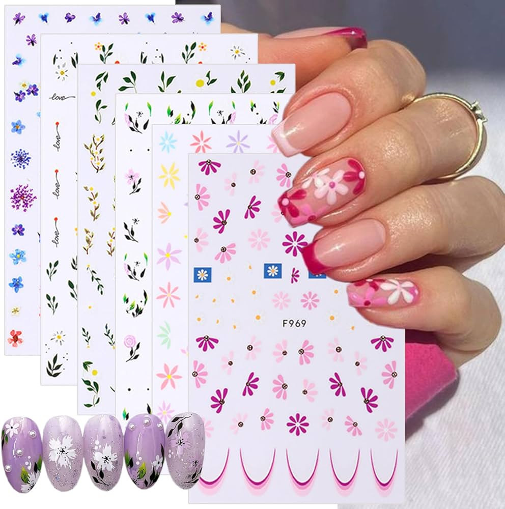 Flower Nail Art Stickers Decals Charming Daisy Nail Decals 3D Self-Adhesive Spring Summer Colorfu... | Amazon (US)
