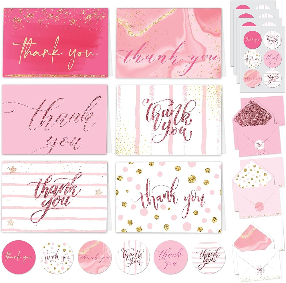 24 Pack Glittery Pink Thank You Cards with Envelopes & Stickers - 6 Designs Blank Inside Hot Pink... | Amazon (US)