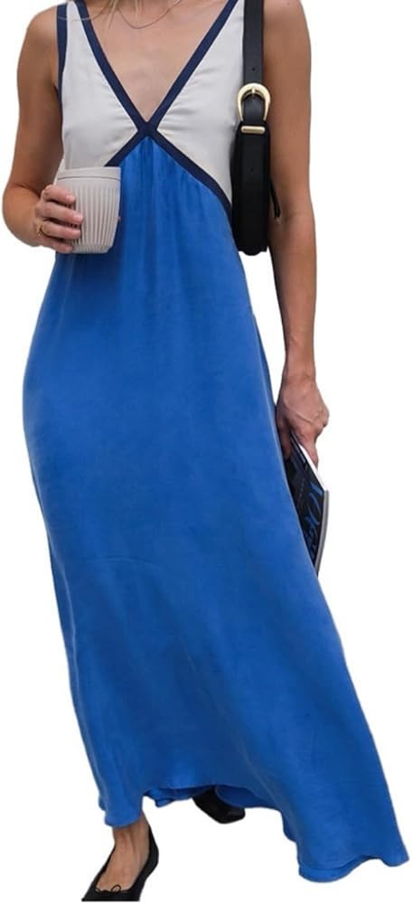 Women's Summer Aesthetic Satin Beach Boho Flowy Long Dress Casual Sleeveless Maxi V Neck Color Bl... | Amazon (US)