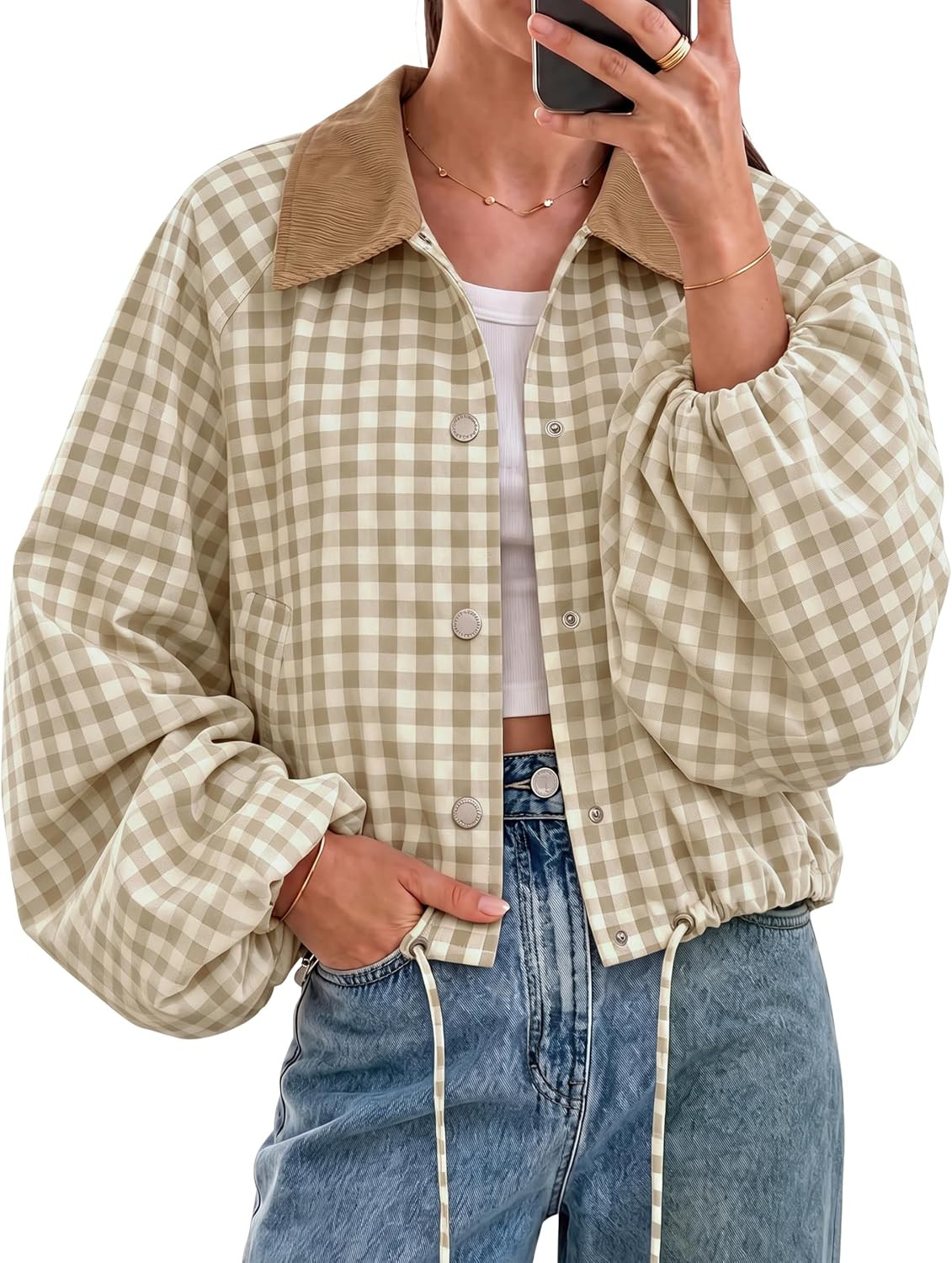 Women's Cropped Jacket Gingham Plaid Corduroy Collar Bomber Jacket | Amazon (US)