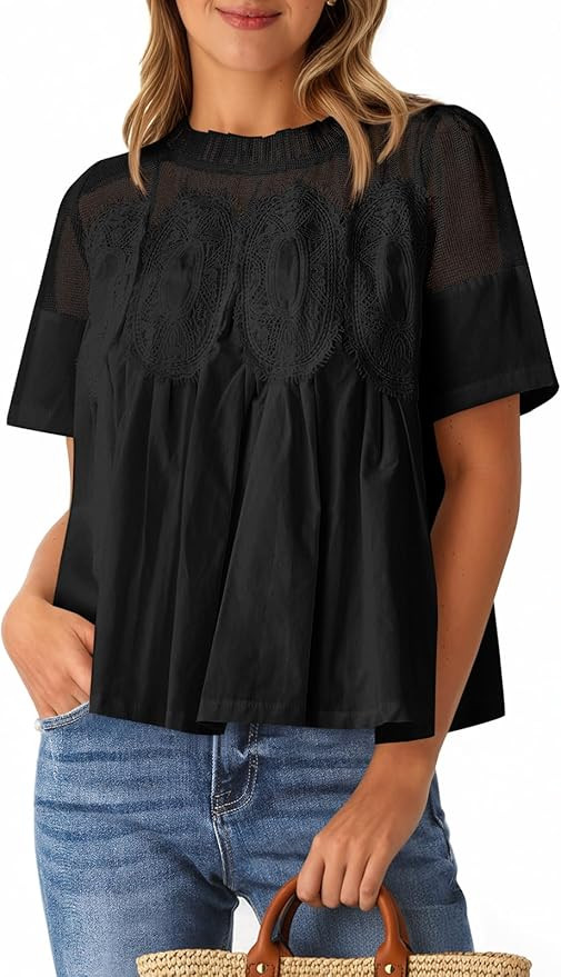 Cicy Bell Womens Babydoll Lace Blouses Short Sleeve Peplum Loose Tops | Amazon (US)