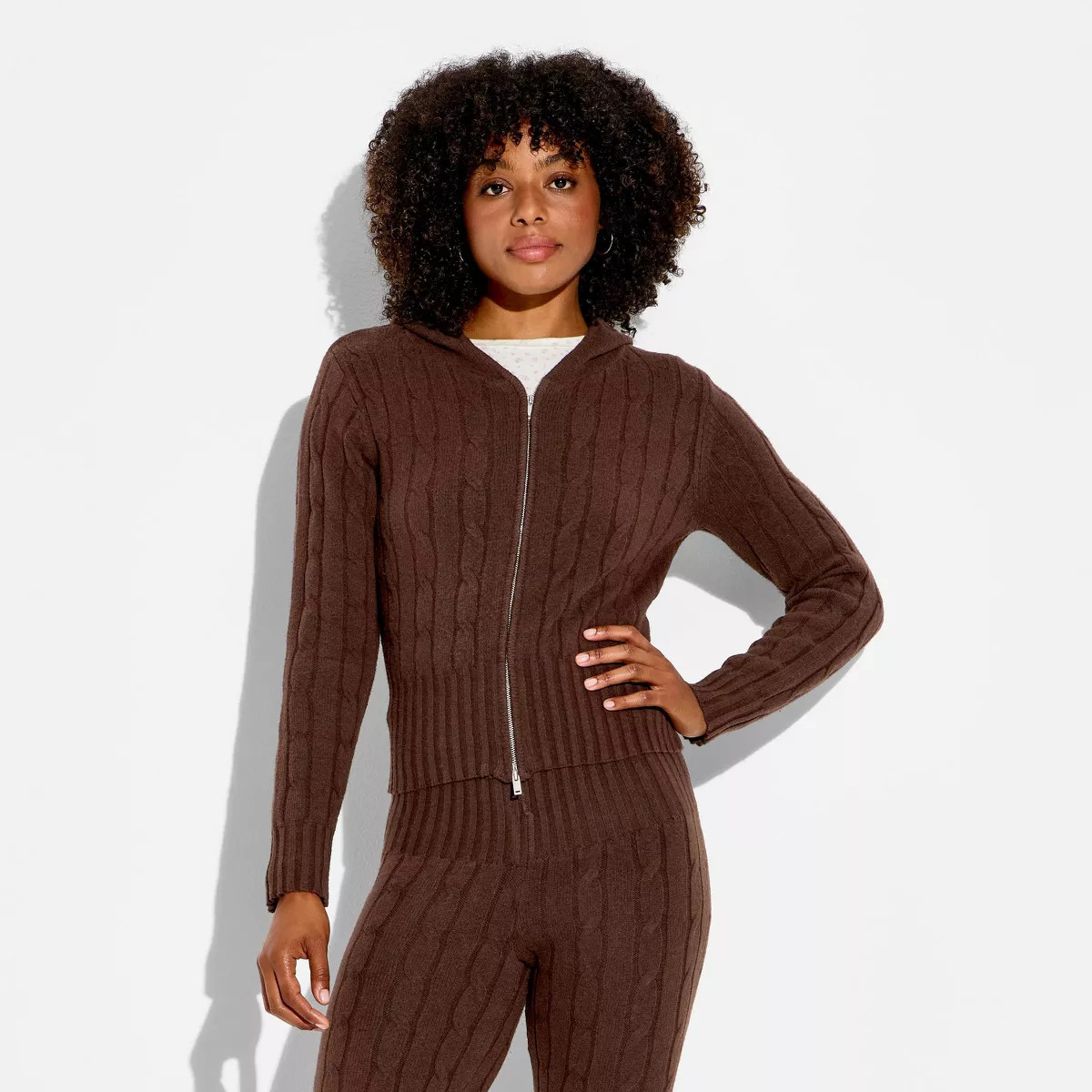 Women's Cable Zip Hoodie Cardigan - Wild Fable™ Brown S | Target