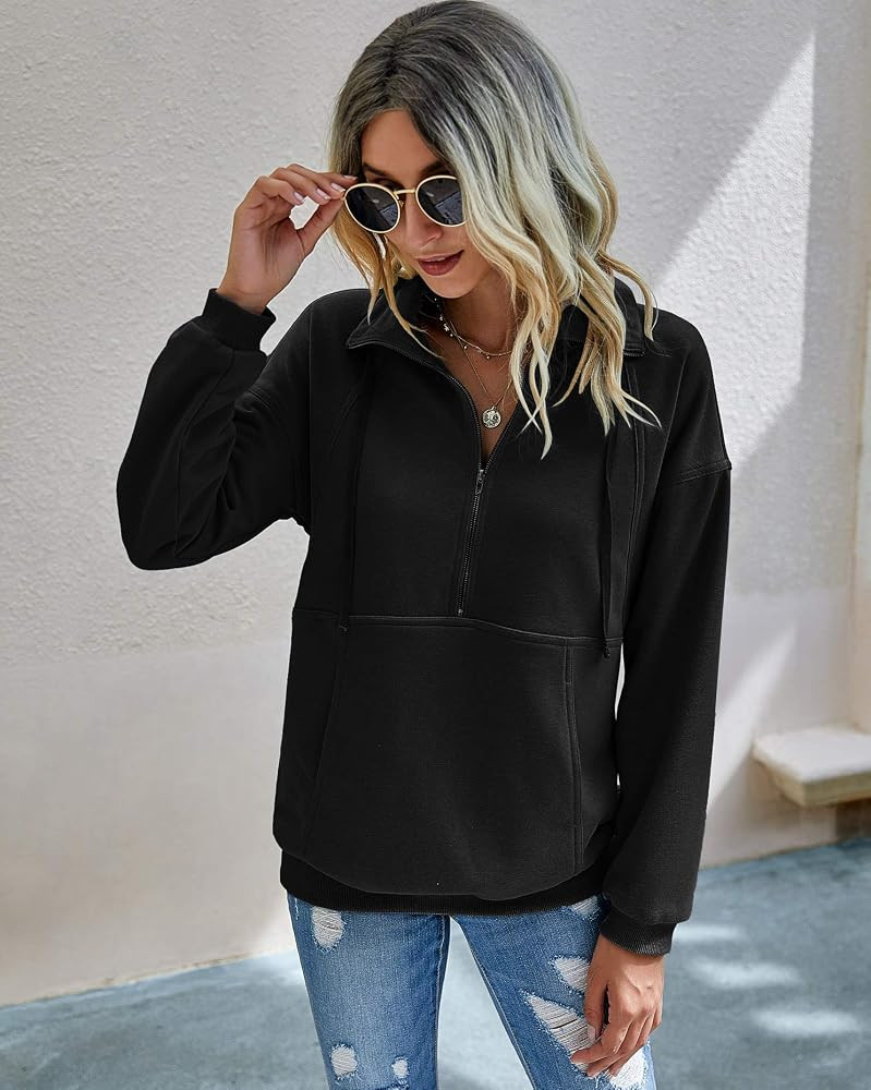 PRETTYGARDEN Women's Casual Long Sleeve Zipper Sweatshirt Drawstring Loose Quarter Zip Pullover Tops | Amazon (US)