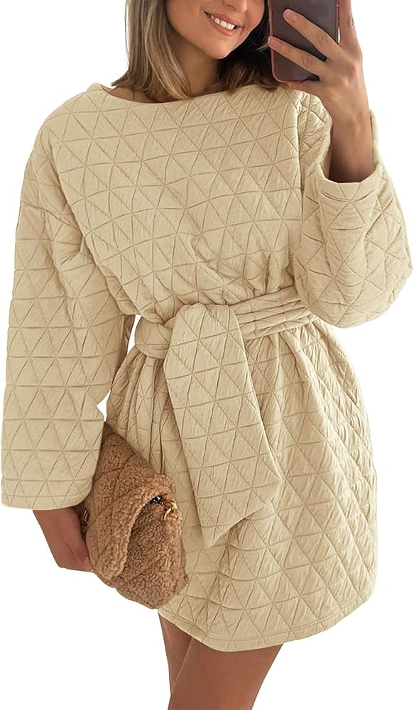 PRETTYGARDEN Women's Long Sleeve Dresses 2024 Fall Casual Short Belted Dress Trendy Quilted Outfi... | Amazon (US)