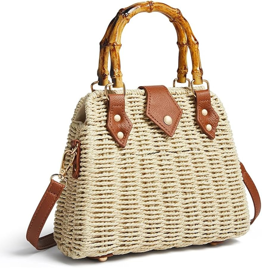 Woven Straw Handbag with Bamboo Handle, Brown Leather Trim, Crossbody Strap, Natural | Amazon (US)