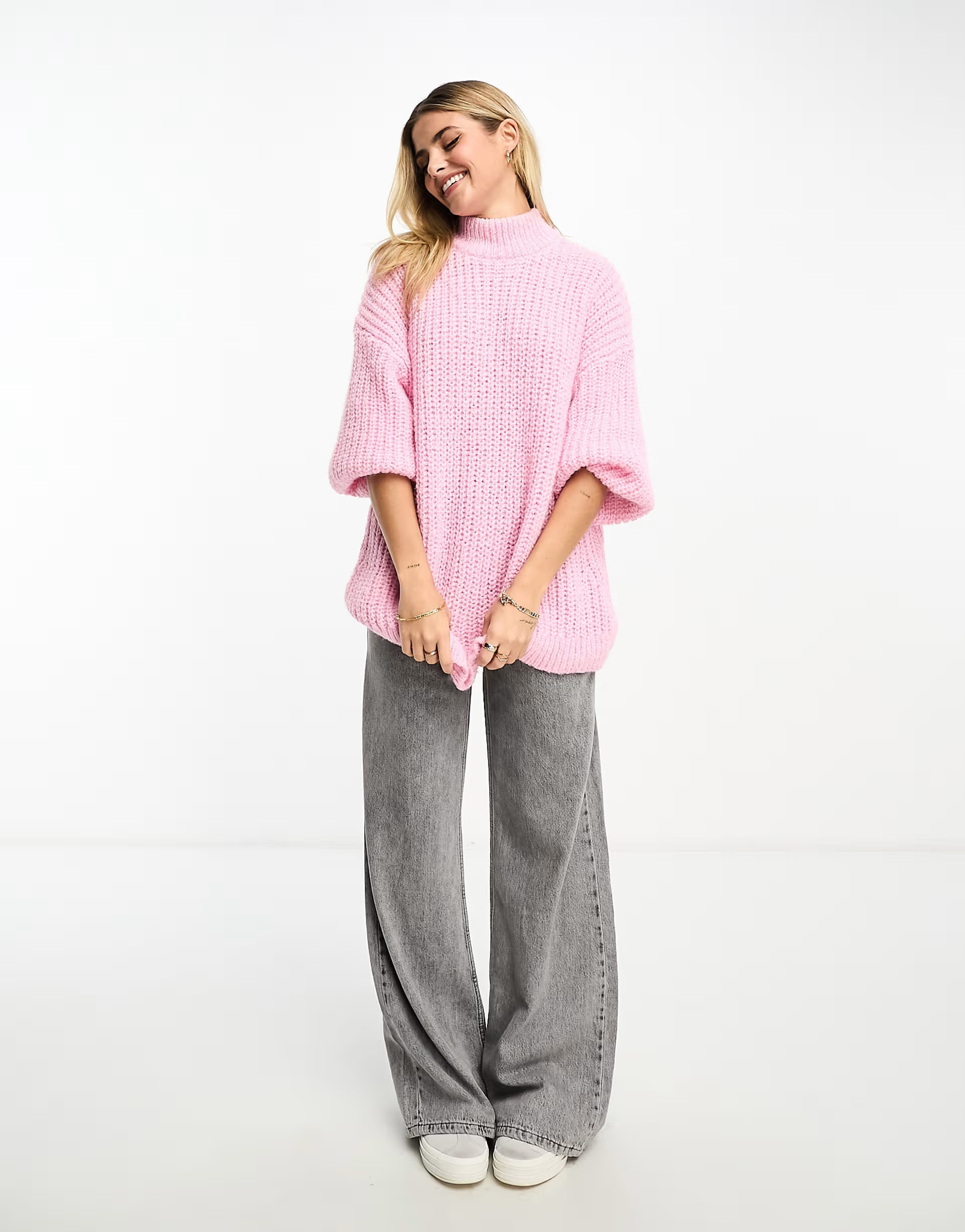 Monki high neck chunky rib knitted jumper with volume sleeve in pink | ASOS (Global)