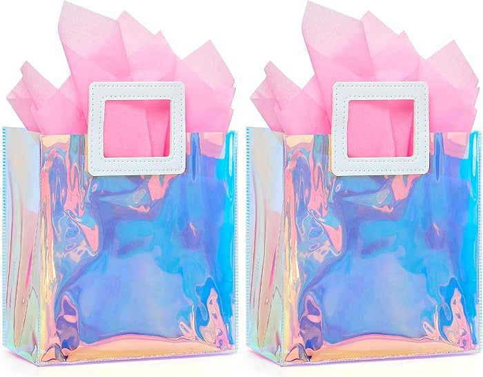 Ohuimrt 2 Pack Holographic Small Gift Bags with Tissue Paper, 7.9 x 8.3 x 3.9 Inch Reusable Birth... | Amazon (US)